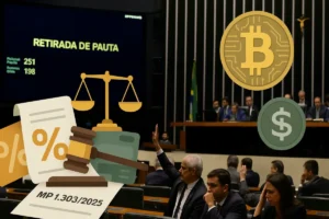 Plenário da Câmara dos Deputados com painel “Retirada de pauta” e ícones de Bitcoin e real, ilustrando a queda da MP 1.303/2025 e o imposto fixo de 18% sobre cripto que não entrou em vigor no Brasil.
