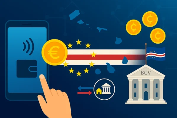 Ilustração de pagamentos digitais em Cabo Verde com telemóvel contactless, mapa, bandeira e edifício do BCV.