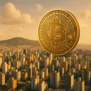 Moeda Bitcoin sobre Belo Horizonte; Lei 11.905/2025 declara a cidade “Capital do Bitcoin”.