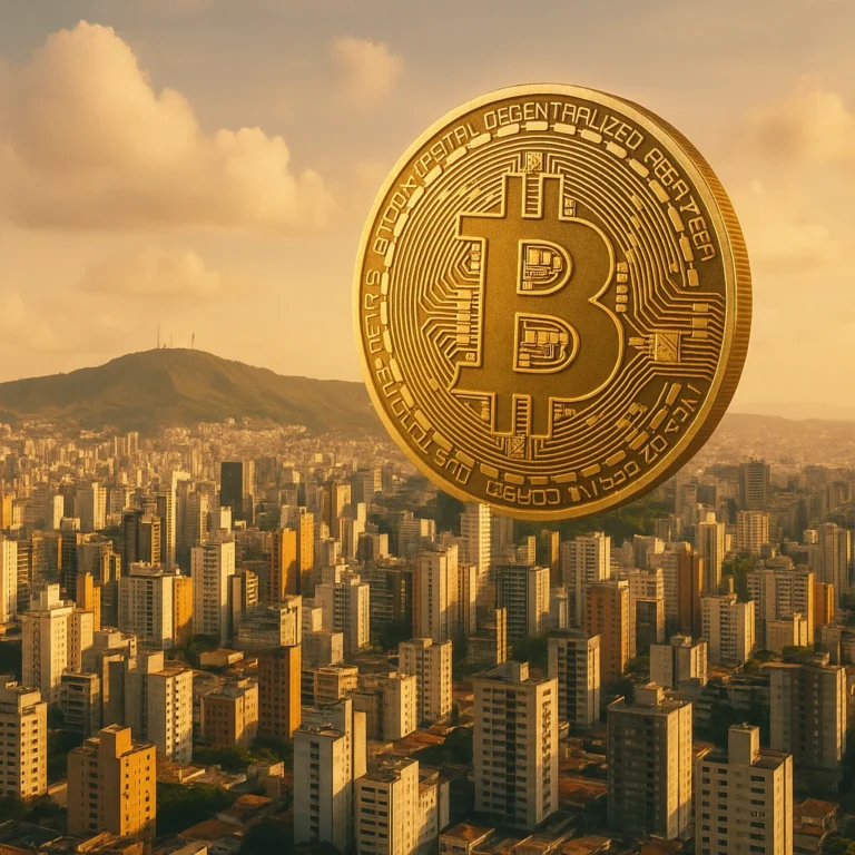 Moeda Bitcoin sobre Belo Horizonte; Lei 11.905/2025 declara a cidade “Capital do Bitcoin”.