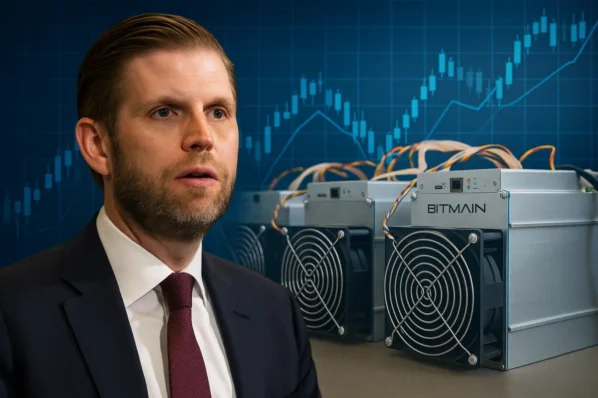 Executivo em terno diante de rigs Bitmain e gráfico, simbolizando mineração de Bitcoin e tensões China–EUA.