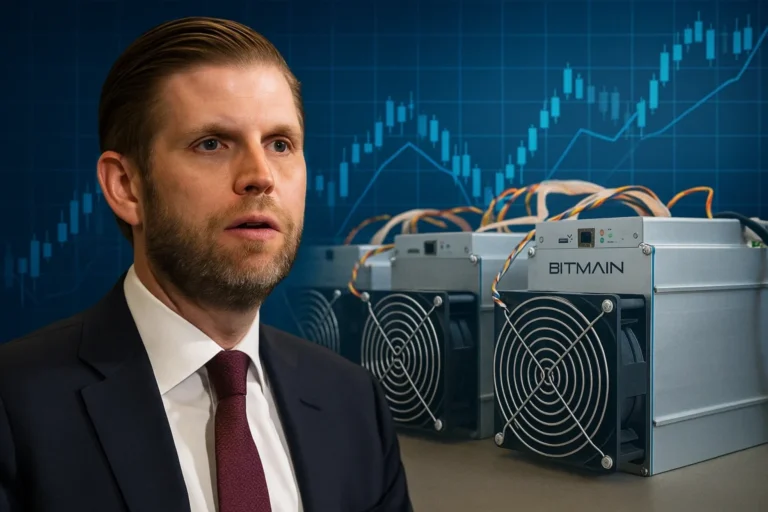 Executivo em terno diante de rigs Bitmain e gráfico, simbolizando mineração de Bitcoin e tensões China–EUA.