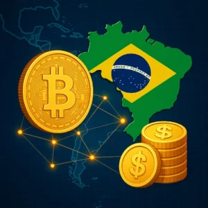 Mapa do Brasil com a bandeira ao fundo, ícone de Bitcoin e pilhas de moedas, representando R$ 1,7 trilhão em cripto e a liderança brasileira na América Latina segundo a Chainalysis.