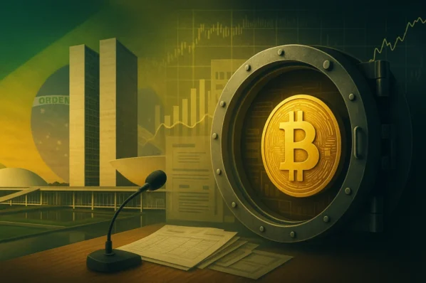 Congresso Nacional e cofre com símbolo do Bitcoin, ilustrando o debate no Brasil sobre reserva soberana de BTC (PL 4.501/2024).
