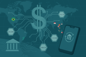 Mapa-múndi com símbolo do dólar ao centro, nós de “stablecoin”, bandeira do Brasil e ícones de países asiáticos conectados a um smartphone — ilustrando integrações de pagamentos digitais no BRICS com o USD como referência.
