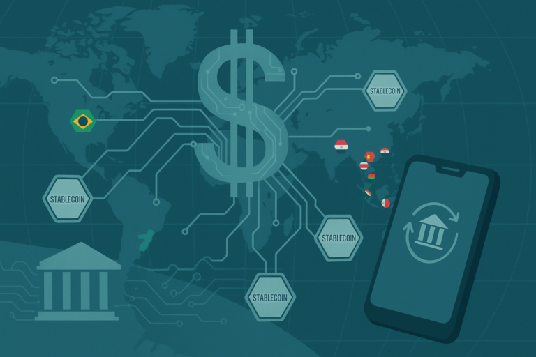 Mapa-múndi com símbolo do dólar ao centro, nós de “stablecoin”, bandeira do Brasil e ícones de países asiáticos conectados a um smartphone — ilustrando integrações de pagamentos digitais no BRICS com o USD como referência.