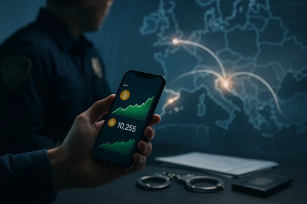 Smartphone com app cripto falsa; polícia, algemas e mapa da Europa ao fundo — burla cripto transfronteiriça investigada em Portugal.