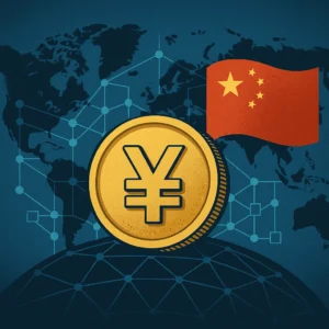 Moeda do yuan sobre mapa e rede blockchain com bandeira da China, indicando stablecoin em yuan e impactos.