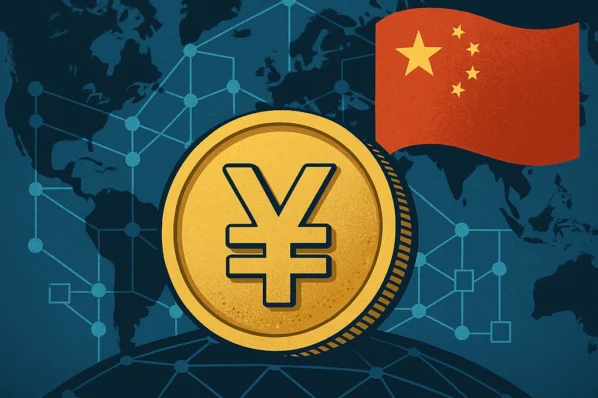 Moeda do yuan sobre mapa e rede blockchain com bandeira da China, indicando stablecoin em yuan e impactos.
