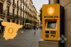Caixa automático de Bitcoin amarelo em rua de pedestres na Espanha, com prédios históricos ao fundo, ilustrando a expansão dos BTMs no país.