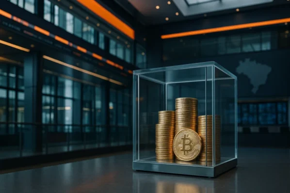 Pilhas de moedas de bitcoin em vitrine de vidro na B3, simbolizando a estreia da OranjeBTC (OBTC3) e o modelo de tesouraria em Bitcoin no Brasil