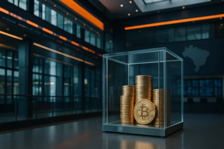 Pilhas de moedas de bitcoin em vitrine de vidro na B3, simbolizando a estreia da OranjeBTC (OBTC3) e o modelo de tesouraria em Bitcoin no Brasil