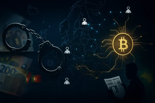 Mapa da Europa com rede de conexões, algemas e símbolo do Bitcoin dourado, ilustrando a ação da Eurojust que desmantelou fraude com criptomoedas de 100 milhões de euros.
