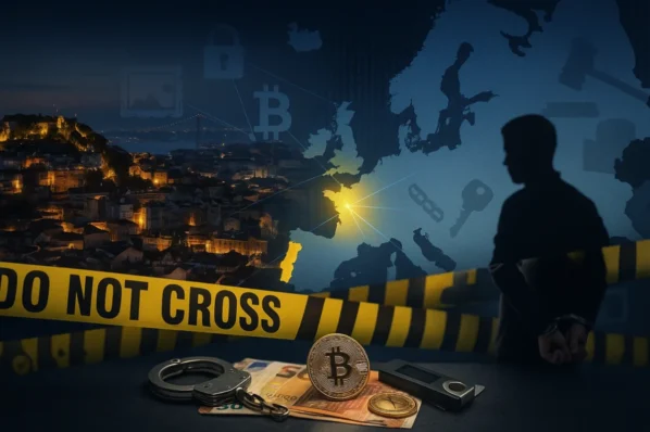 Lisboa à noite com fita policial, mapa da Europa a destacar Portugal, bitcoin e algemas; operação europeia contra fraude cripto.