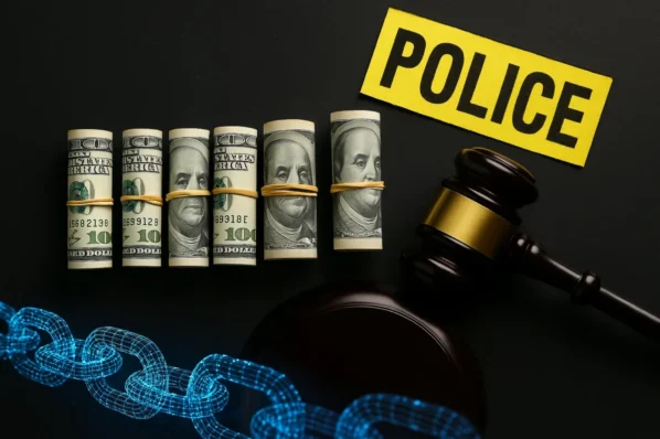 Rolos de notas, malhete judicial e cadeia digital simbolizam investigação do GIFiM sobre US$ 7 milhões e a referência a blockchain em Moçambique (2017–2024).