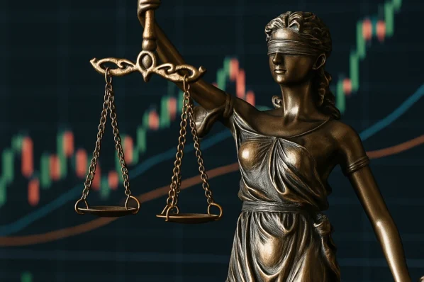 Estátua da Justiça em primeiro plano com gráfico de candlesticks ao fundo, simbolizando as novas regras da SFC/HKMA para cripto em Hong Kong.