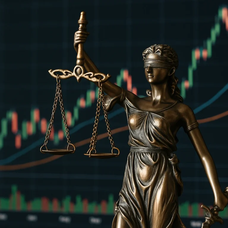 Estátua da Justiça em primeiro plano com gráfico de candlesticks ao fundo, simbolizando as novas regras da SFC/HKMA para cripto em Hong Kong.