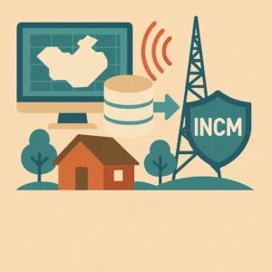 INCM assume gestão da base de dados de TV White Space em Moçambique, ilustrado por torre, escudo INCM, mapa no ecrã e casa rural — expansão da banda-larga.