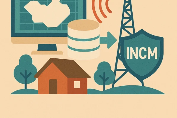 INCM assume gestão da base de dados de TV White Space em Moçambique, ilustrado por torre, escudo INCM, mapa no ecrã e casa rural — expansão da banda-larga.