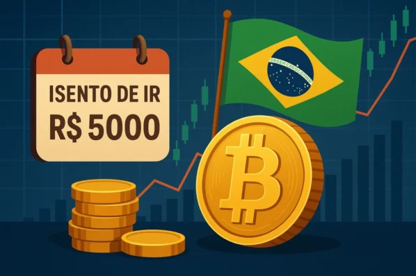 Isenção de IR até R$ 5 mil no Brasil ao lado de moeda Bitcoin e gráfico de alta, sugerindo impacto no mercado cripto brasileiro