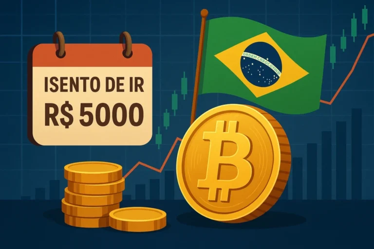 Isenção de IR até R$ 5 mil no Brasil ao lado de moeda Bitcoin e gráfico de alta, sugerindo impacto no mercado cripto brasileiro