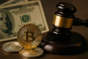 Moeda de Bitcoin em destaque ao lado de um malhete de juiz e notas de dólar, simbolizando a análise jurídica da LOA sobre criptomoedas e a escassez de divisas em Moçambique.