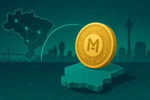 Ilustração da pataca digital de Macau (e-MOP) sobre o mapa de Macau, com skyline e mapa do Brasil ao fundo, sugerindo interoperabilidade com o Drex em 2025.