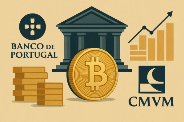 Ilustração com os logótipos do Banco de Portugal e da CMVM, uma moeda de Bitcoin e um gráfico, simbolizando a partilha de supervisão dos criptoativos sob o MiCA em Portugal.