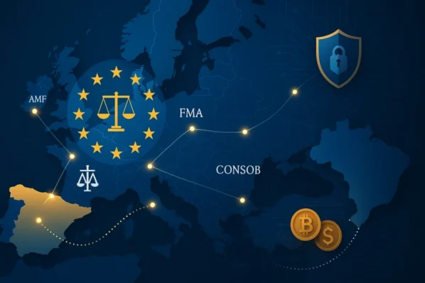 Mapa da UE e do Brasil com balança da ESMA e siglas AMF, FMA e CONSOB, simbolizando coordenação do MiCA sobre cripto.