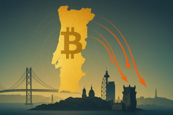 Mapa de Portugal em dourado com símbolo do Bitcoin sobre a silhueta de Lisboa e setas laranja a sair do país, sugerindo menor atração de capital cripto.