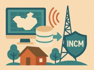 Ilustração do INCM a assumir a base de dados de TV White Space em Moçambique, com torre, sinal RF e seta de transferência; contexto DeWi/telecom rural