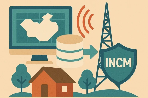 Ilustração do INCM a assumir a base de dados de TV White Space em Moçambique, com torre, sinal RF e seta de transferência; contexto DeWi/telecom rural