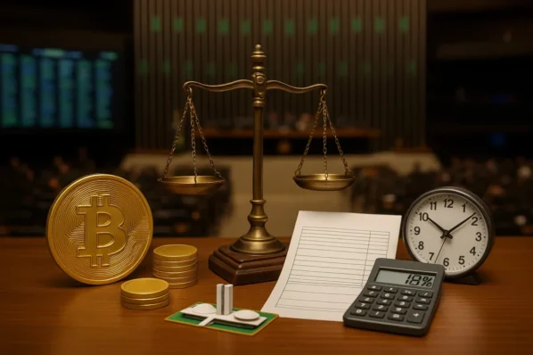 Balança da Justiça, moeda de Bitcoin, calculadora marcando 18% e relógio no plenário do Congresso; alíquota de 18% sobre criptomoedas no Brasil.