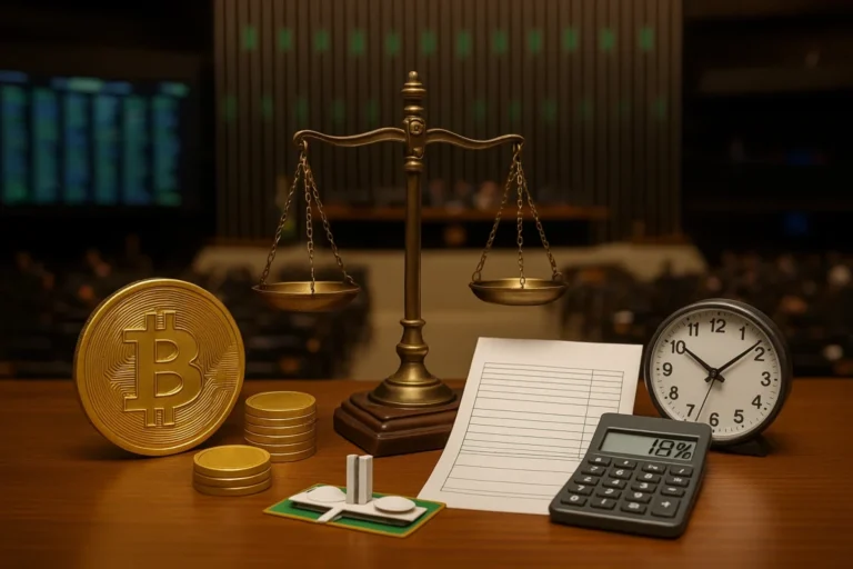 Balança da Justiça, moeda de Bitcoin, calculadora marcando 18% e relógio no plenário do Congresso; alíquota de 18% sobre criptomoedas no Brasil.
