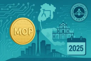 Ilustração da pataca digital de Macau (e-MOP) com marcos da cidade e referência a testes públicos em 2025