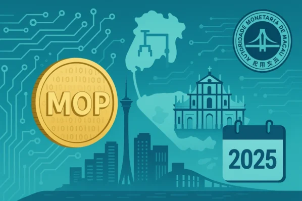 Ilustração da pataca digital de Macau (e-MOP) com marcos da cidade e referência a testes públicos em 2025