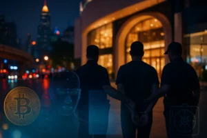 Polícia escolta suspeito algemado em Banguecoque; ícones de Bitcoin e biometria sugerem investigação por megafraude cripto de €500 milhões.