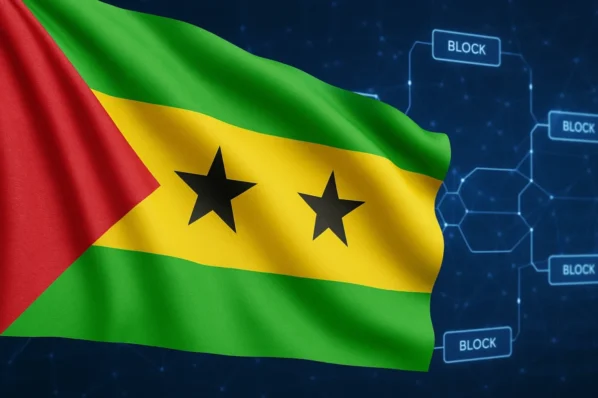 Bandeira de São Tomé e Príncipe sobre fundo digital de blockchain, ilustrando o novo programa de cidadania por investimento em parceria com a IOPn.