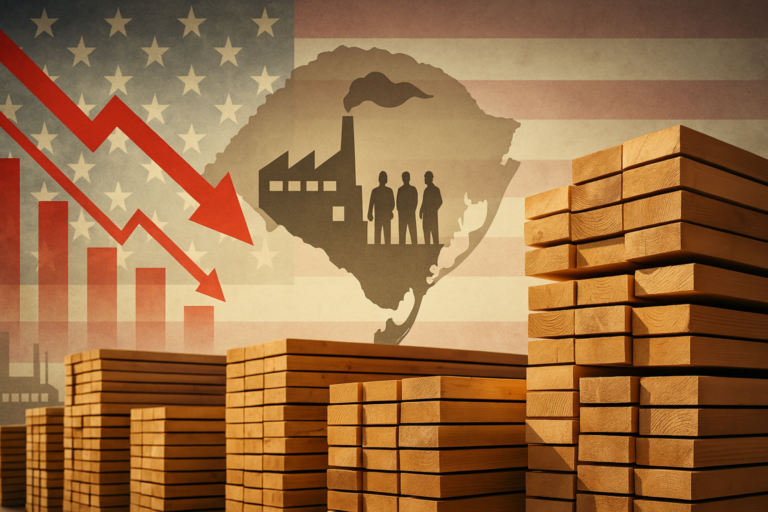 Pilhas de madeira no RS com gráfico de queda e mapa do estado sobre bandeira dos EUA, simbolizando impacto das tarifas de 50%