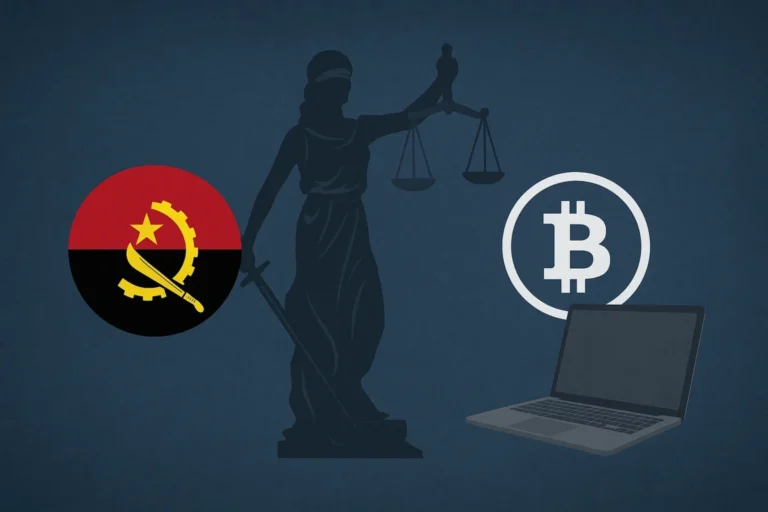 Bandeira de Angola, balança da justiça, ícone de Bitcoin e laptop, simbolizando reunião da AFROSAI-E no TdC sobre criptomoedas no sector público.