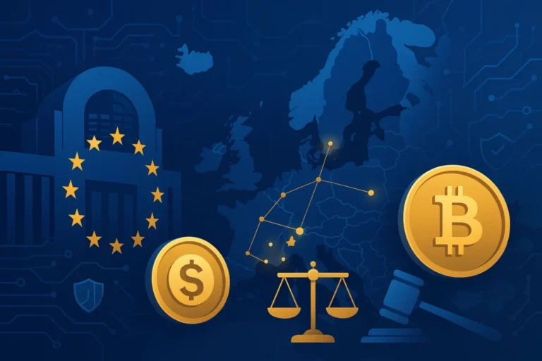 Mapa da Europa em azul com estrelas da UE, balança e martelo, além de ícones de cripto, representando a centralização da supervisão na ESMA sob o MiCA.