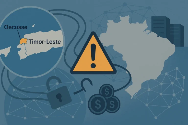Mapa de Timor-Leste com Oecusse em destaque e Brasil ao fundo, com ícones de alerta, cadeado e moedas simbolizando centros de scam e cripto.