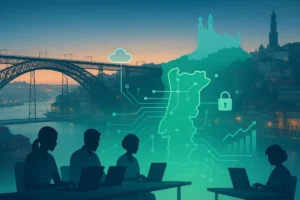 Ilustração do Porto com a Ponte Dom Luís I e mapa de Portugal com circuitos, simbolizando reforço de engenharia e novas contratações tech.