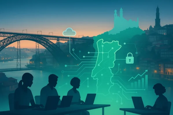 Ilustração do Porto com a Ponte Dom Luís I e mapa de Portugal com circuitos, simbolizando reforço de engenharia e novas contratações tech.