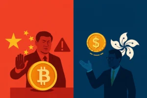 Ilustração comparando China proibindo Bitcoin e Hong Kong regulando stablecoins.