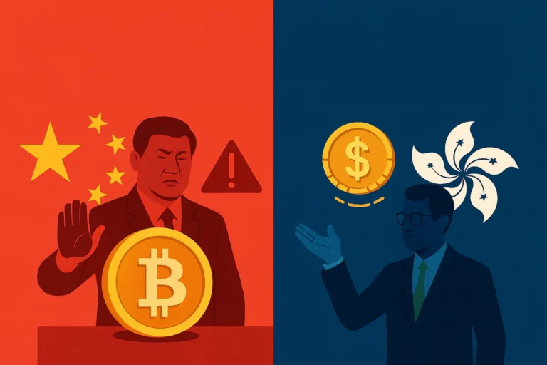 Ilustração comparando China proibindo Bitcoin e Hong Kong regulando stablecoins.
