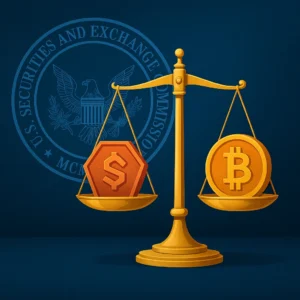 Ilustração de balança dourada equilibrando símbolos de criptomoedas diante do selo da SEC, representando a nova taxonomia de tokens da SEC.