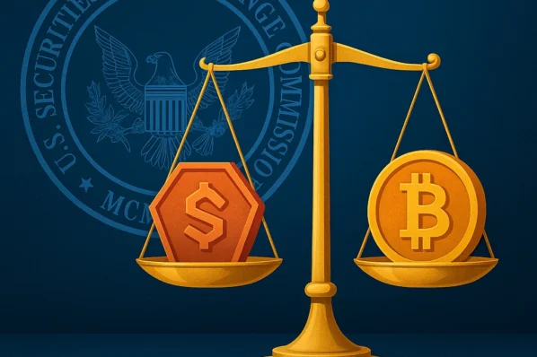 Ilustração de balança dourada equilibrando símbolos de criptomoedas diante do selo da SEC, representando a nova taxonomia de tokens da SEC.